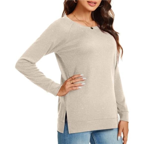 Women’s Long Sleeve Side Split Tunic Top - Loose Crewneck Sweater - Picture 3 of 6